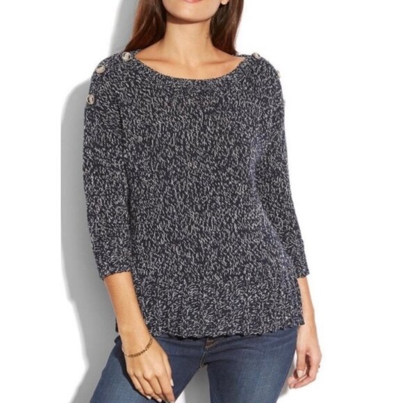 LUCKY BRAND Navy Blue + White Isabella Button Accent Shoulder Women's Sweater M - Picture 1 of 6